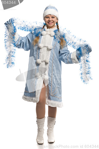 Image of Happy girl in snow maiden costume with tinsel