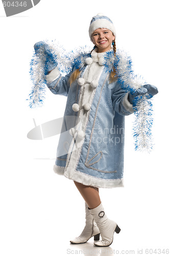 Image of Happy girl in snow maiden coat with tinsel