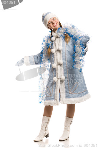 Image of Happy girl in snow maiden costume with tinsel