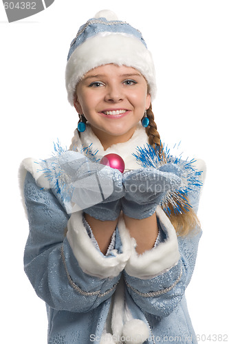 Image of Smiling snow maiden showing christmas-tree decoration