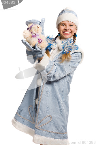 Image of Smiling snow maiden with bear toy