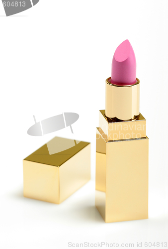 Image of Pink golden lipstick on white background