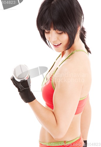 Image of muscular fitness instructor with dumbbells