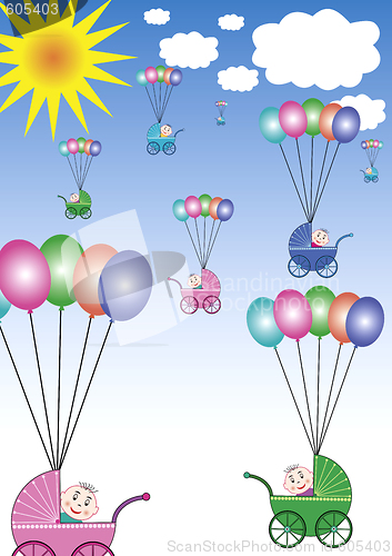 Image of baby buggys flying on balloons