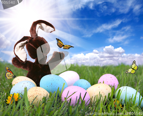Image of Field With Easter Bunny Rabbit Eggs and Butterflies