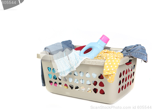 Image of Basket Full of Dirty Laundry With Detergent