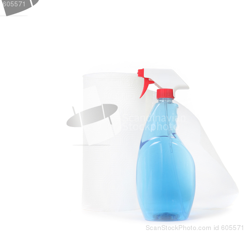 Image of Window Cleaner and Paper Towels on White Background