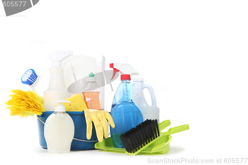 Image of Household Cleaning Products in a Blue Bucket