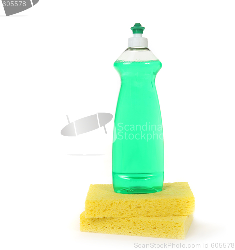 Image of Dishwashing Liquid in a Bottle With 2 Yellow Sponges