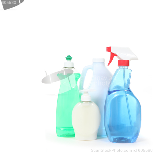 Image of Household Cleaning Products Dishsoap Window Cleaner and Bleach