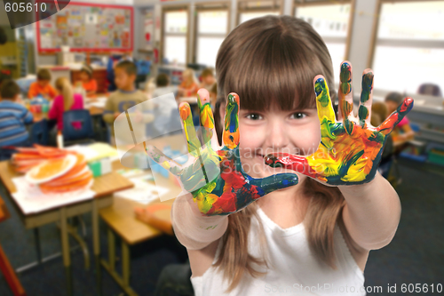 Image of School Age Child Painting With Her Hands in Class