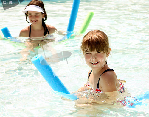 Image of Sisters Happily Playing in a Swimming