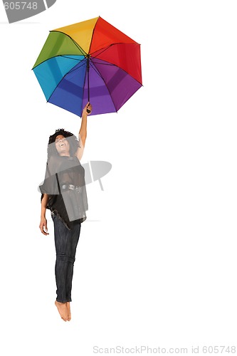 Image of Woman Falling Down Holding Rainbow Colored Umbrella