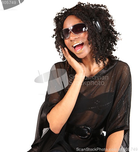 Image of Black Woman Listening to Music on White Background