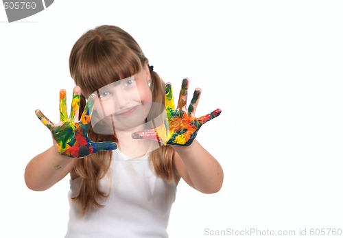 Image of Smiling Day Care Preschool Child Painting With Her Hands