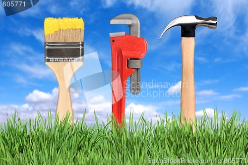 Image of Home Improvement Tools Paintbrush, Pipe Wrench and Hammer