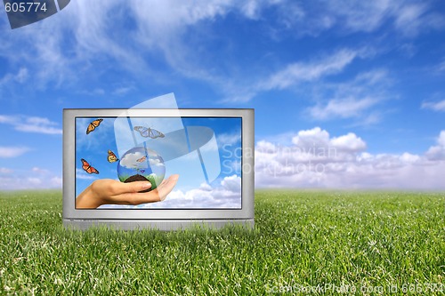 Image of Beautiful Field of Green Grass and Blue Cloudy Sky Earth Concept