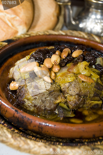 Image of moroccan food tagine lamb with raisins almonds onions