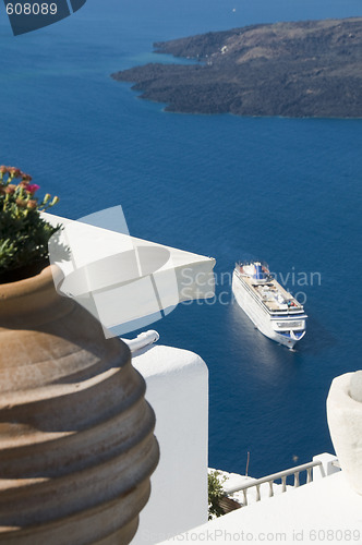 Image of incredilbe santorini greek island view with cruise ship
