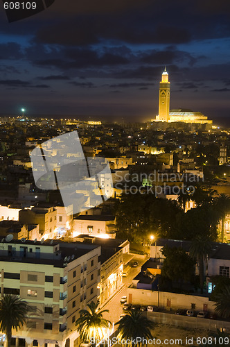 Image of Hassan II mosque in Casablanca Morocco Africa night scene