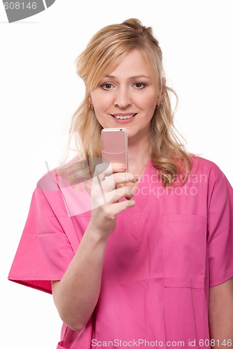 Image of Nurse with pink cell phone