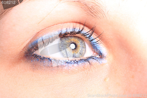 Image of beautiful woman`s open colorful eye