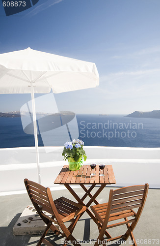 Image of view from house patio of volcanic islands of santorini