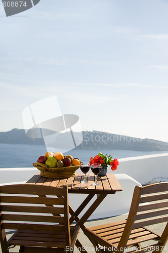 Image of view from house patio of volcanic islands of santorini