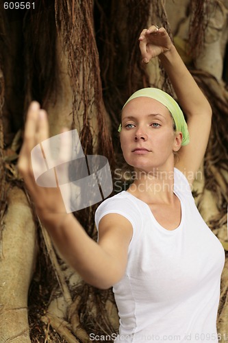 Image of Woman in white meditating in front of Bodhi Tree Roots