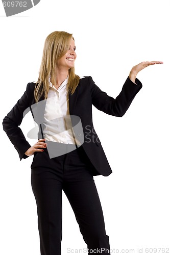 Image of attractive businesswoman presenting something