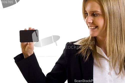 Image of attractive businesswoman holding a blank card