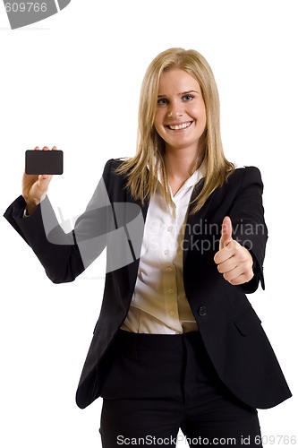 Image of attractive businesswoman holding a blank card