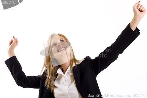 Image of attractive businesswoman winning