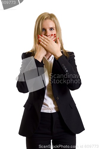 Image of businesswoman in the Speak No Evil pose