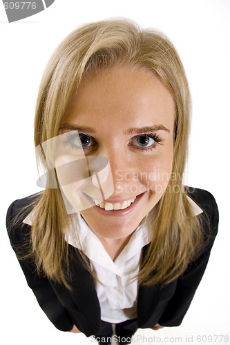 Image of wide angle picture of an attractive businesswoman smiling