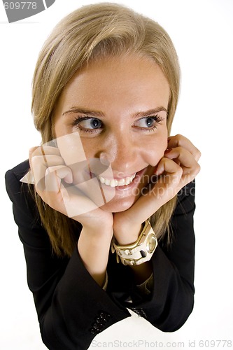 Image of wide angle picture of an attractive businesswoman smiling