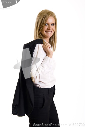 Image of attractive businesswoman standing on a white background