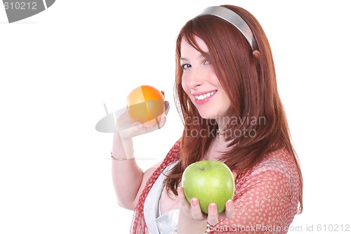 Image of woman with apple and orange