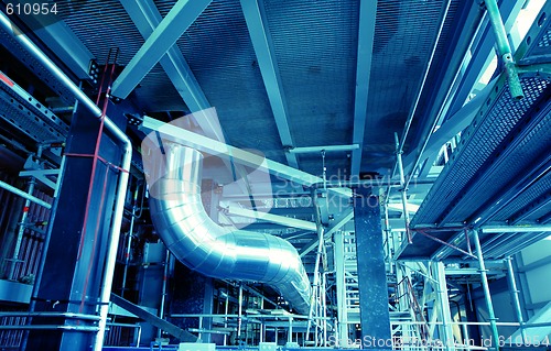 Image of Pipes, tubes, machinery and steam turbine at a power plant