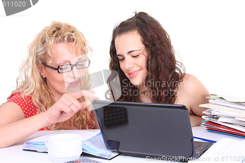 Image of young girl with laptop do homework