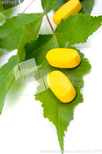 Image of vitamin pills over green leaves