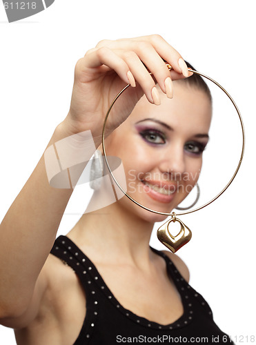 Image of Cheerful woman with golden necklace