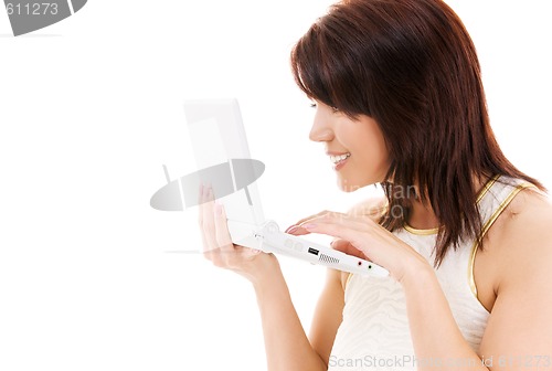 Image of happy woman with laptop computer