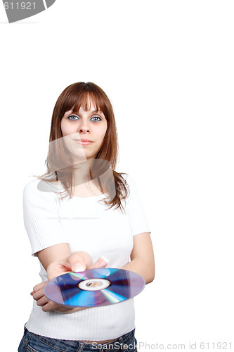 Image of Young beautiful woman holding a cd.