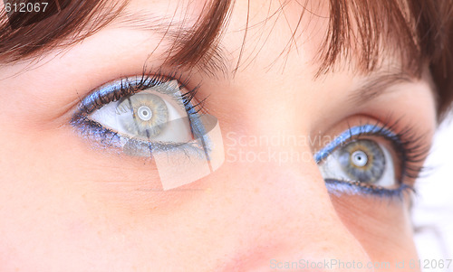 Image of beautiful woman`s open colorful eye