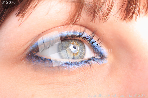 Image of beautiful woman`s open colorful eye