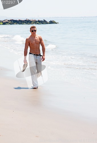 Image of Handsome man walking on beach