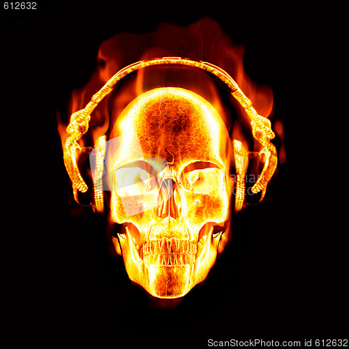 Image of flaming skull with headphones