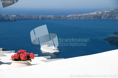 Image of view of volcanic islands of santorini with cruise ship 