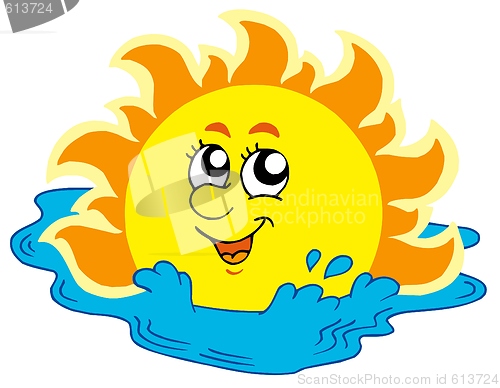 Image of Cartoon Sun bathing in sea